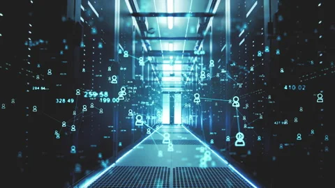 Futuristic server room flythrough with data and network overlays Stock Footage 317069151
