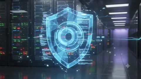 Futuristic Server Room with Glowing Holographic Cyber Security Shield Loop Vídeos de archivo 337716873