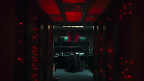 Futuristic server room with glowing red lights Stock Footage 335493031