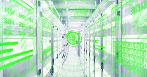In futuristic server room, processing digital data with green holographic 写真素材