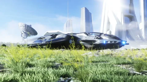 Futuristic ship and sci fi city. Future concept. Aerial view. 3d rendering. Stock Footage 132522514