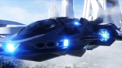 Futuristic ship and sci fi city. Future concept. Aerial view. 3d rendering. Stockbeeldmateriaal 132527404