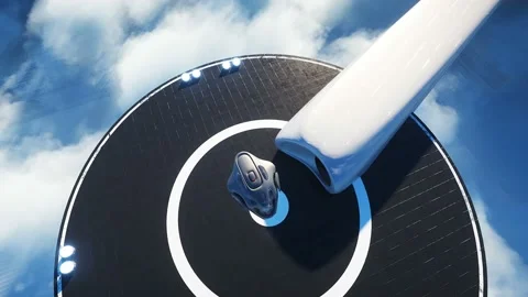 Futuristic ship lands on futuristic base in the clouds. Realistic 4k animation. Stockbeeldmateriaal 145930635