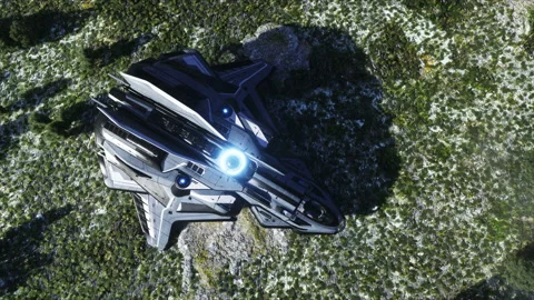 Futuristic ship start in sci fi city. Future concept. Aerial view. 3d rendering. Video stock 132631134