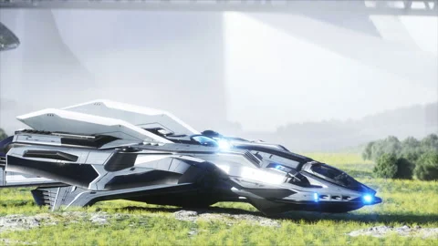 Futuristic ship start in sci fi city. Future concept. Aerial view. 3d rendering. Vídeos de archivo 132631237