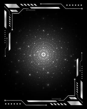 Futuristic silver metallic HUD frame with glowing starry portal and tech bo.. 스톡 일러스트