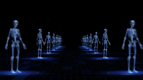 Futuristic Skeleton Holograms Aligned in Digital Blue Grid Space Stock Footage 339052421