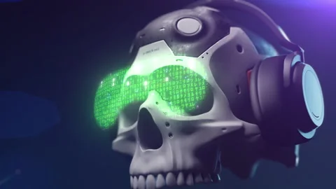 A futuristic skull with a random code effect on a holographic surface Video stock 234970774