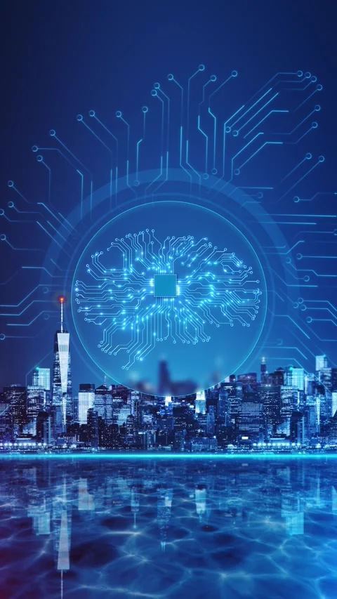 Futuristic skyline Network glowing neural processor smart city technology advanc Video stock 342783075