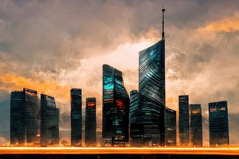 Futuristic Skyscraper, city, in the clouds, colorful Stock Illustration