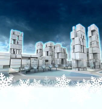 Futuristic skyscraper city at winter sunset snowflake frame illustration Stock Illustration