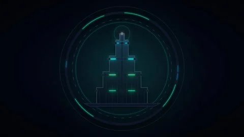 Futuristic skyscraper hud interface animation with glowing digital data cir.. Vidéo 344852175