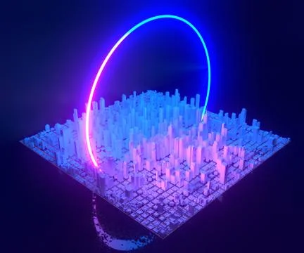 Futuristic skyscrapers. The flow of digital data. City of the future. 3D Ilustración de archivo