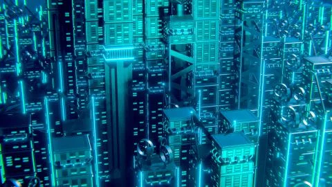 Futuristic skyscrapers. The flow of digital data. city of the future. 3D illu Stock Illustration