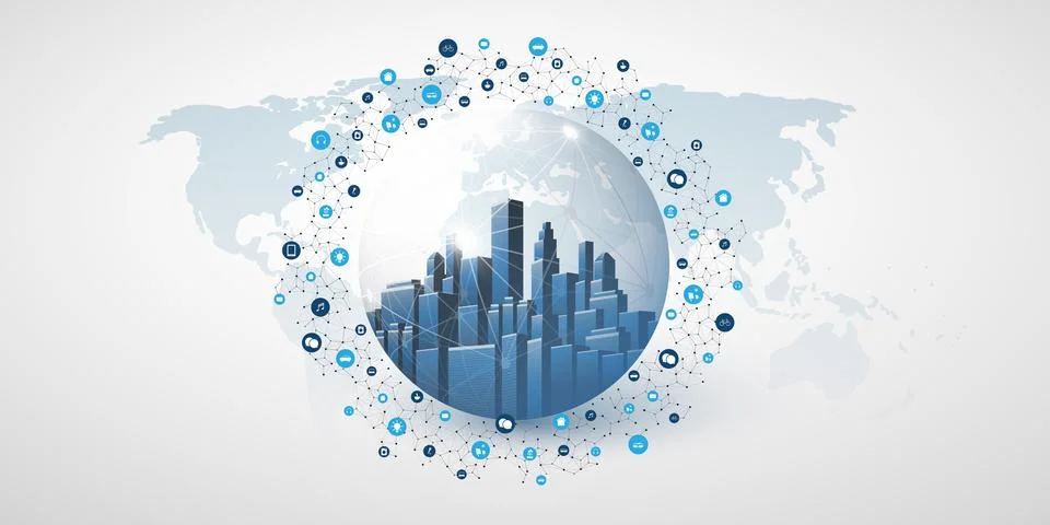 Futuristic Smart City, Cloud Computing Design Concept with Polygonal Mesh, .. Stock Illustration