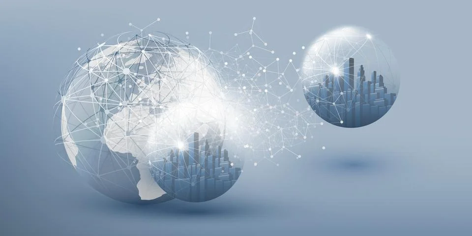 Futuristic Smart City, Cloud Computing Design Concept with Polygonal Mesh, .. Stock Illustration