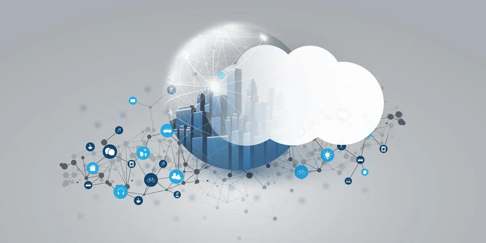 Futuristic Smart City, Cloud Computing Design Concept with 3D Polygonal Mes.. Stock Illustration