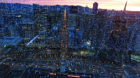Futuristic Smart city. Connected San Francisco skyline. Circuit board. Stock Footage