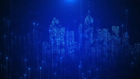 Futuristic smart city data background with glowing blue skyscrapers, falling Stock Footage 334126212