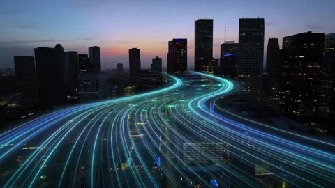 Futuristic Smart City with Digital Connectivity Light Trails Stock Footage 300411595