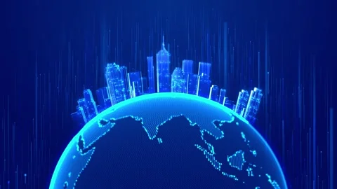 Futuristic smart city earth visual luminous buildings, blue vertical data stream Stock Footage 340526829