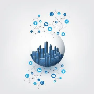 Futuristic Smart City, IoT and Cloud Computing Design Concept with Icons, P.. イラスト素材