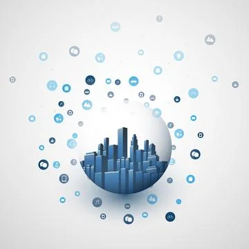 Futuristic Smart City, IoT and Cloud Computing Design Concept with Icons, P.. Stock Illustration