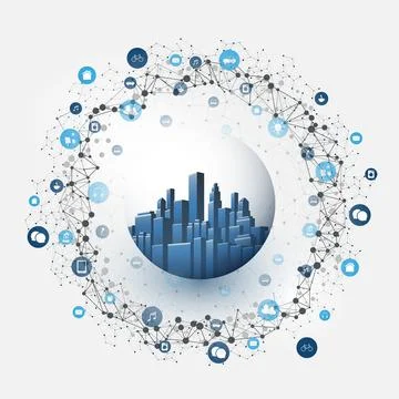 Futuristic Smart City, IoT and Cloud Computing Design Concept with Icons, P.. Stock Illustration