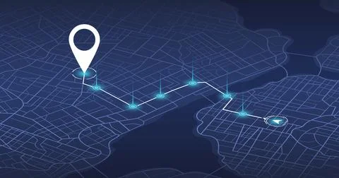 Futuristic smart city navigation concept with illuminated route line and data Stock Illustration