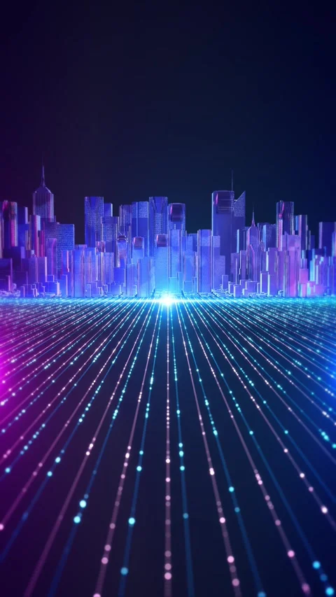 Futuristic Smart City with Neon Data Grid and Digital Network Stock Footage 342612718