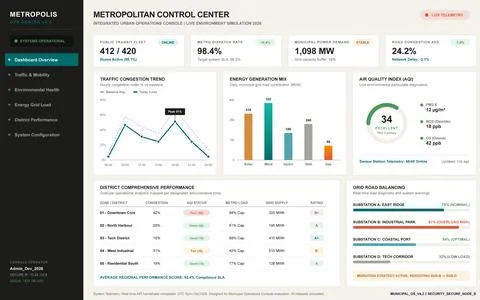 Futuristic Smart City Operations Dashboard with Real Time Data Analytics Stock Illustration