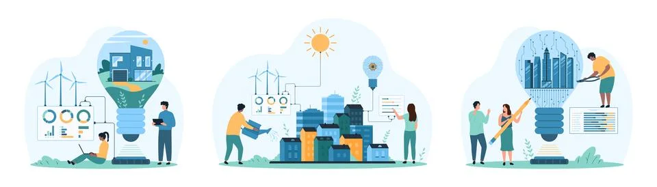 Futuristic smart city projects set, tiny people develop smart ideas to optimize Stock Illustration