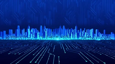 Futuristic smart city technology visual blue skyscrapers, circuit board floor, a Stock Footage 340527951