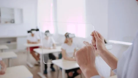Futuristic smart class in a modern school with brand-new education system. Close Video stock 111524354