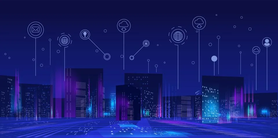 Futuristic smart digital city vector background, urban architecture high towers Ilustración de archivo