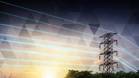 Futuristic smart power grid with glowing blue lines and geometric pattern o.. 스톡 사진