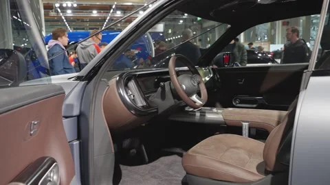 A futuristic Smart SUV concept car displayed at an auto show Video stock 318675964