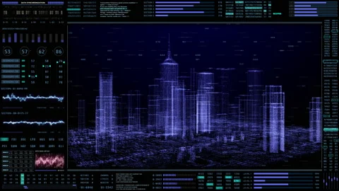 Futuristic Smart Wireframe Digital City 3D Hologram Architecture Skyscraper. Stock Footage 148376467