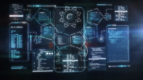 Futuristic smartphone displaying digital data and user interface elements Stock Footage 329654014