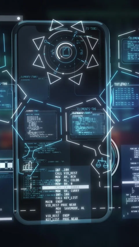 Futuristic smartphone displaying digital data and user interface elements Stock Footage 343786013