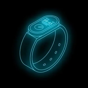Futuristic smartwatch glowing on black background showing time and fitness .. Stock Illustration