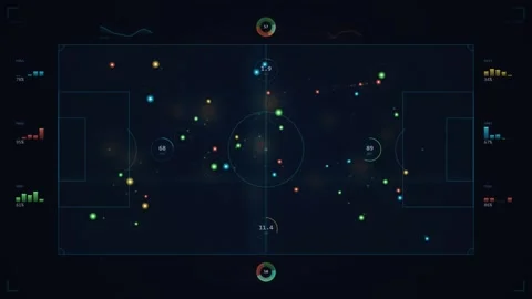 Futuristic Soccer Analytics HUD Overlay with Glowing Player Data Points Vídeos de archivo 344232898