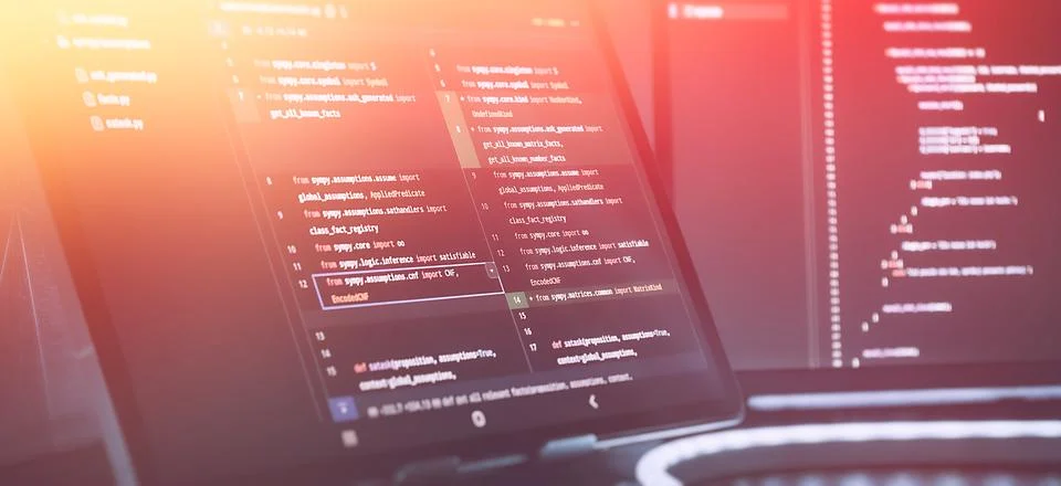 Futuristic Software Coding Workspace with Warm Gradient Light Overlay and S.. 库存照片