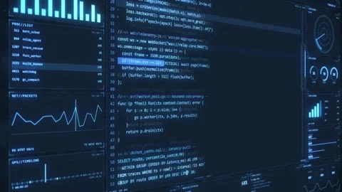 Futuristic Software Development HUD Screen with Scrolling Code Loop Stock Footage 341682643