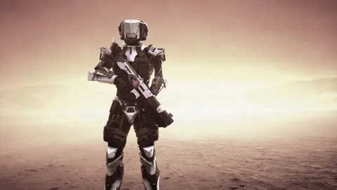 Futuristic soldier in desert at sandstorm Stockbeeldmateriaal 133846292