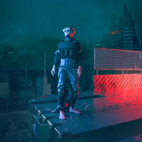 Futuristic Soldier looking around 3D character animation Stock Footage 107649490