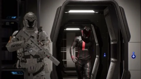 Futuristic soldier secures the Martian base with vigilance Stock Footage 146197348