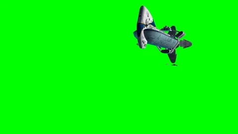 Futuristic Space Battleship Launching Fighter Jets on Green Screen Stock Footage 340676619