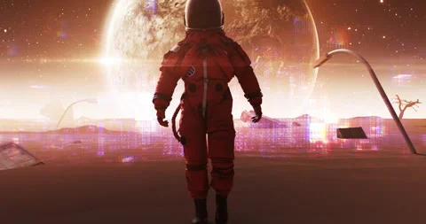 Futuristic space exploration concept with walking astronaut and holograms. Stock Footage 338414865