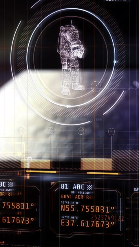 Futuristic space exploration control panel monitoring astronaut in spacesuit Stock Footage 345666936